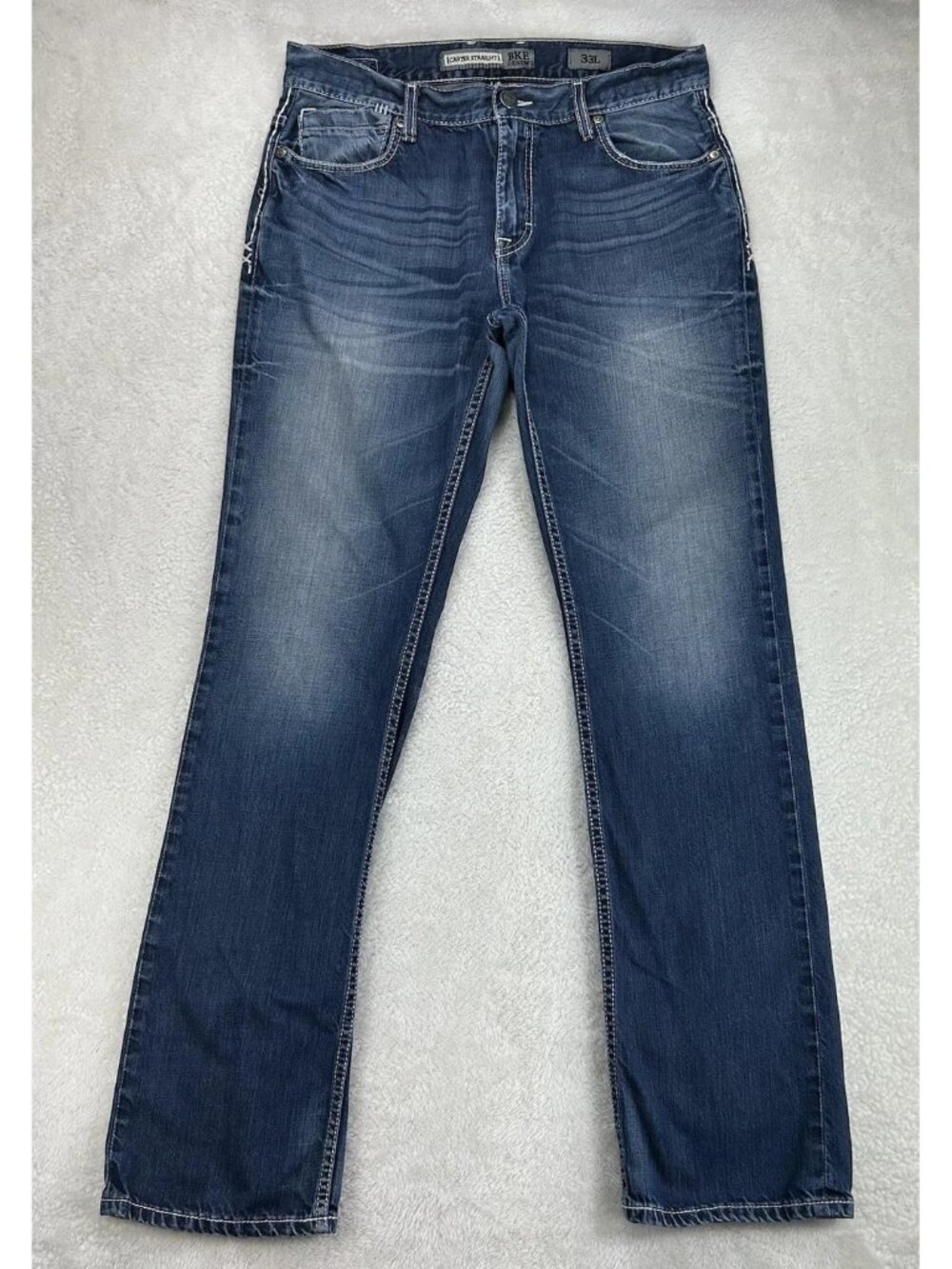 BKE Buckle Carter Straight Leg Mens Jeans 33L Dark Whisker Wash 33x33 Fade